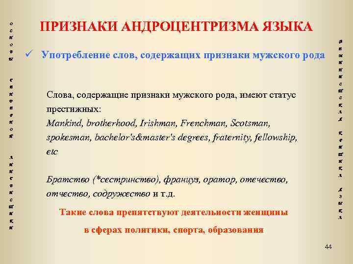 О С ПРИЗНАКИ АНДРОЦЕНТРИЗМА ЯЗЫКА Н Ф О В Ы Е Употребление слов, содержащих