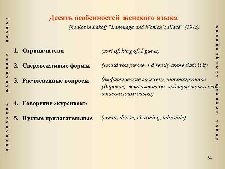 О Десять особенностей женского языка С (по Robin Lakoff “Language and Women’s Place” (1973)