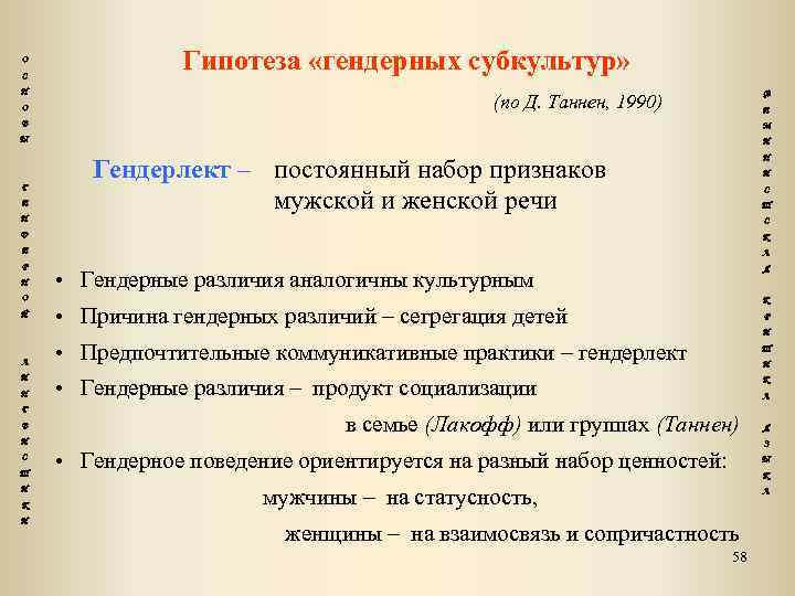 О С Н О Гипотеза «гендерных субкультур» Ф (по Д. Таннен, 1990) Е В