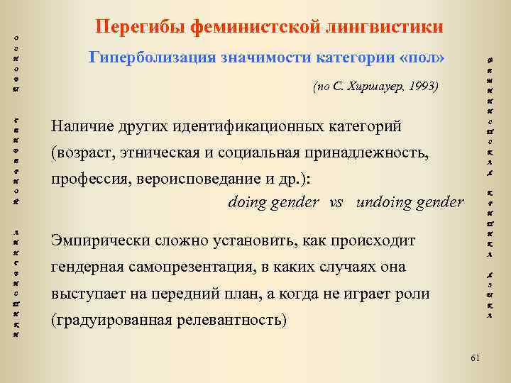 О С Н Перегибы феминистской лингвистики Гиперболизация значимости категории «пол» Ф О Е В