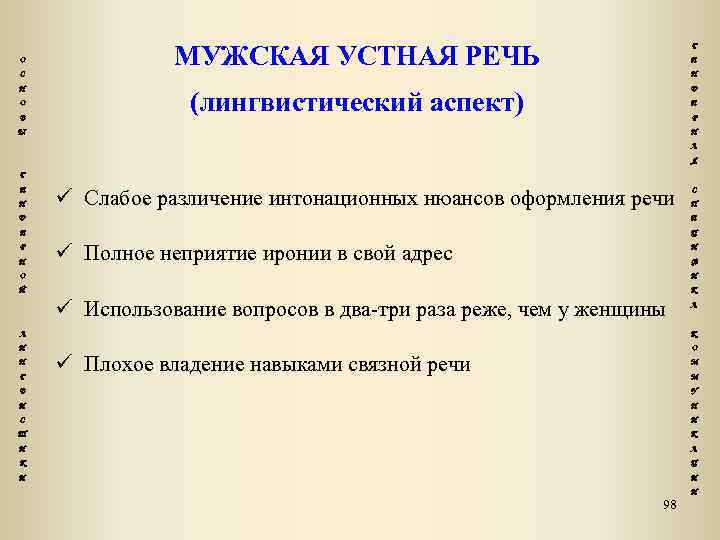 О С Н О В МУЖСКАЯ УСТНАЯ РЕЧЬ Г Е Н Д (лингвистический аспект)