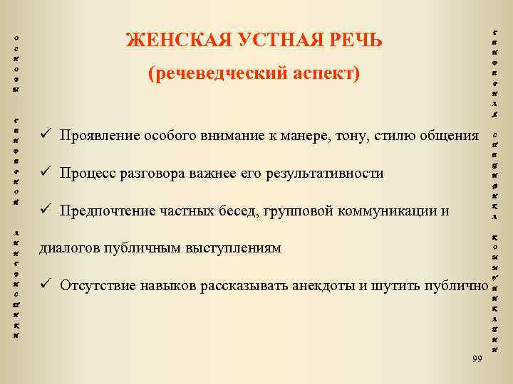 О С Н О В ЖЕНСКАЯ УСТНАЯ РЕЧЬ Г Е Н Д (речеведческий аспект)