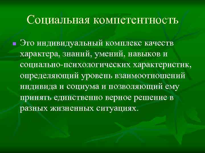 Социальная компетентность n Это индивидуальный комплекс качеств характера, знаний, умений, навыков и социально-психологических характеристик,