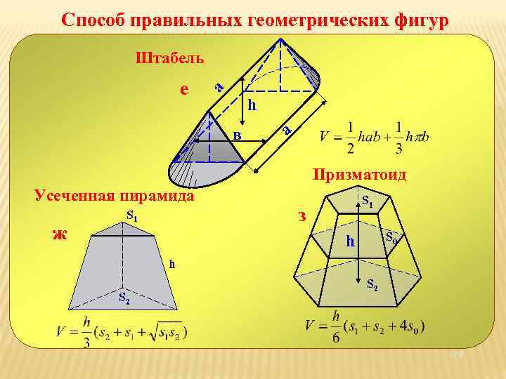 Способ правильных геометрических фигур е а Штабель h в а Призматоид Усеченная пирамида ж