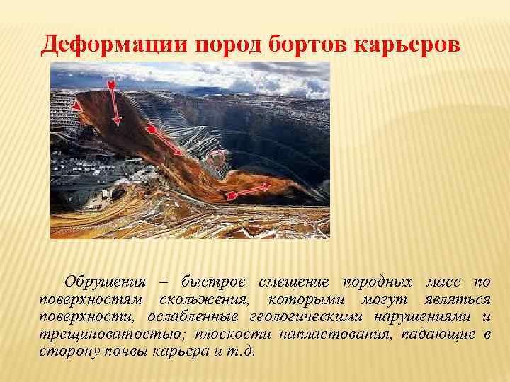 Деформации пород бортов карьеров Обрушения – быстрое смещение породных масс по поверхностям скольжения, которыми
