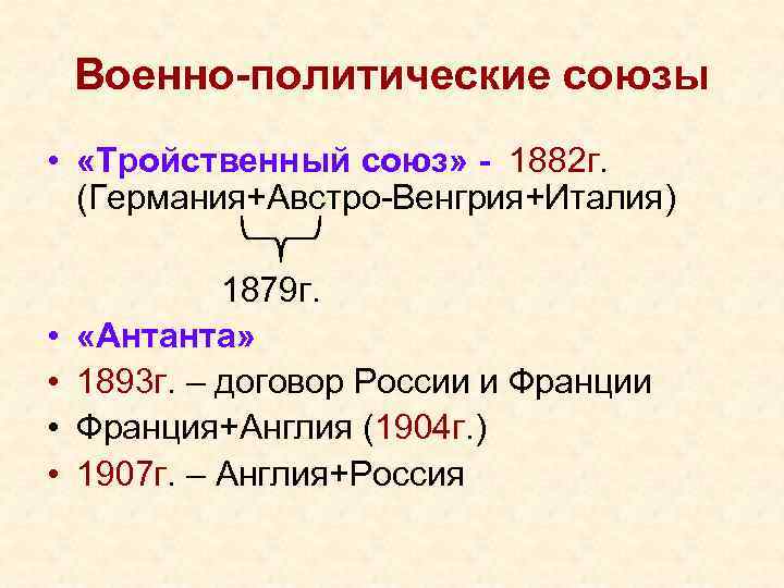 Военно-политические союзы • «Тройственный союз» - 1882 г. (Германия+Австро-Венгрия+Италия) • • 1879 г. «Антанта»