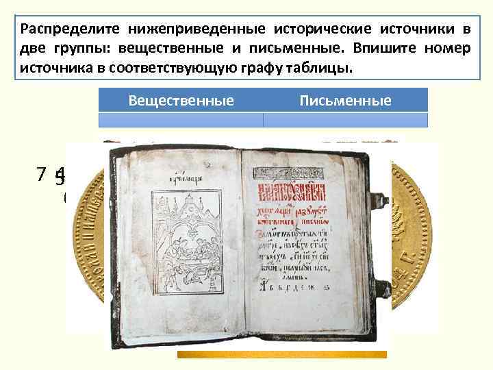Распределите нижеприведенные исторические источники в две группы: вещественные и письменные. Впишите номер источника в
