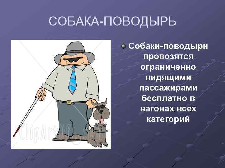 СОБАКА-ПОВОДЫРЬ Собаки-поводыри провозятся ограниченно видящими пассажирами бесплатно в вагонах всех категорий 