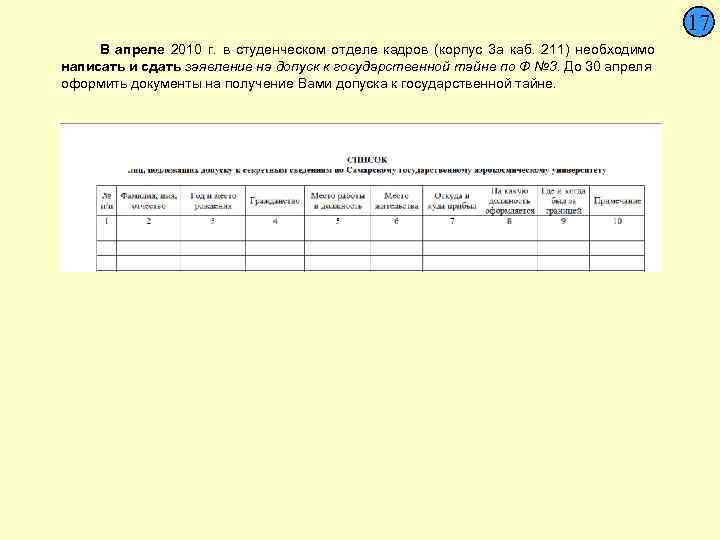 17 В апреле 2010 г. в студенческом отделе кадров (корпус 3 а каб.