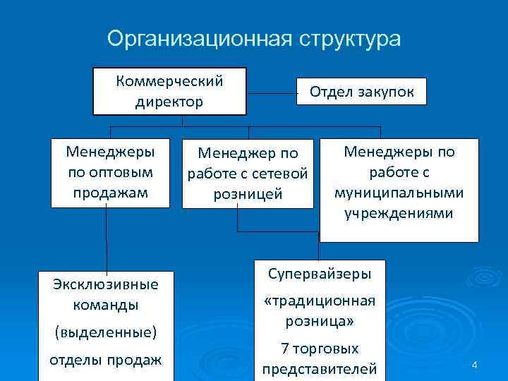 Организационная структура Коммерческий директор Менеджеры по оптовым продажам Эксклюзивные команды (выделенные) отделы продаж Отдел