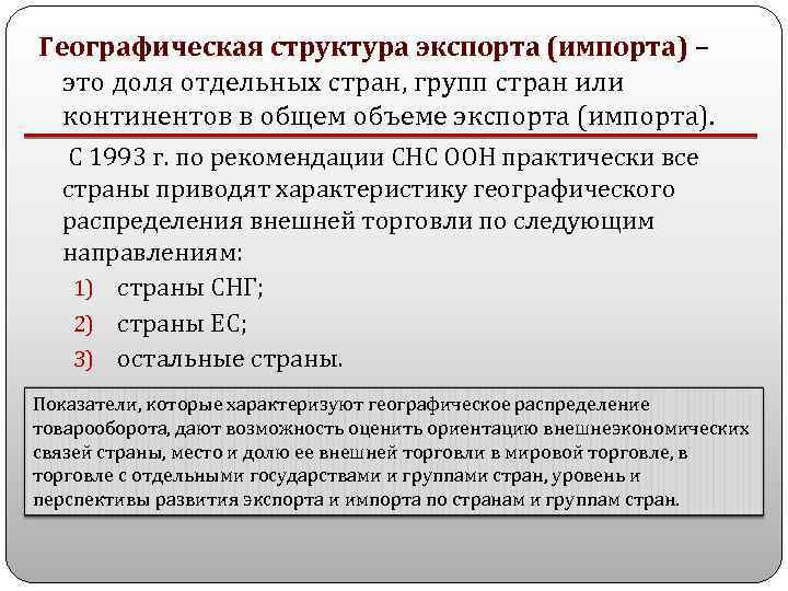 Географическая структура экспорта (импорта) – это доля отдельных стран, групп стран или континентов в