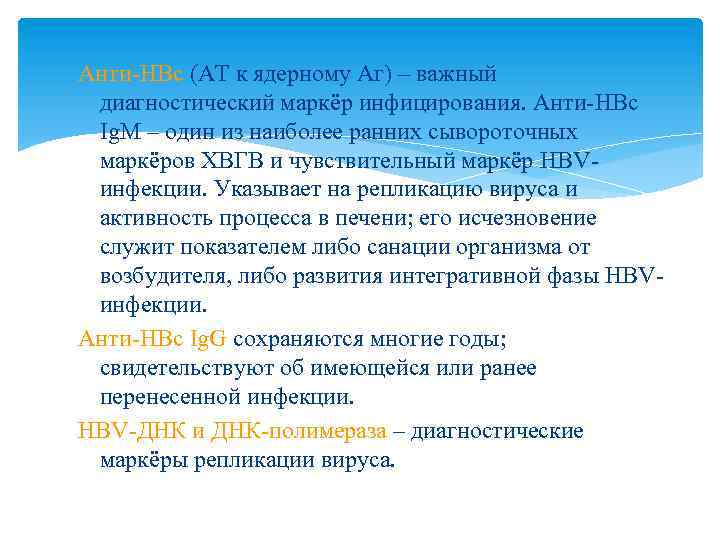 Анти-HBc (АТ к ядерному Аг) – важный диагностический маркёр инфицирования. Анти-HBc Ig. M –