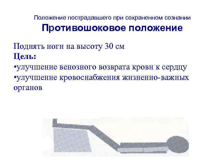 Положение пострадавшего при сохраненном сознании Противошоковое положение Поднять ноги на высоту 30 см Цель: