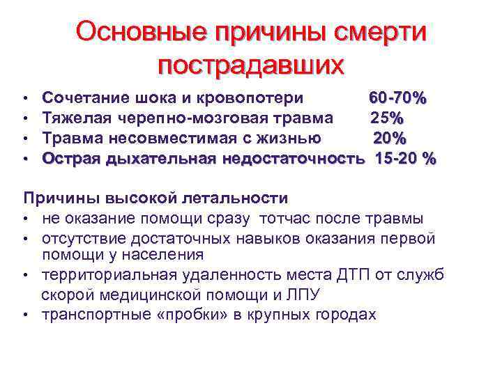 Основные причины смерти пострадавших • • Сочетание шока и кровопотери 60 -70% Тяжелая черепно-мозговая