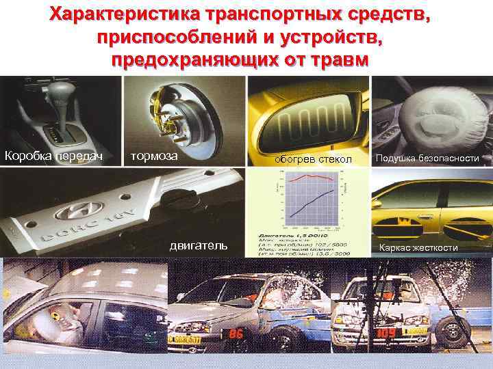 Характеристика транспортных средств, приспособлений и устройств, предохраняющих от травм Коробка передач тормоза двигатель обогрев