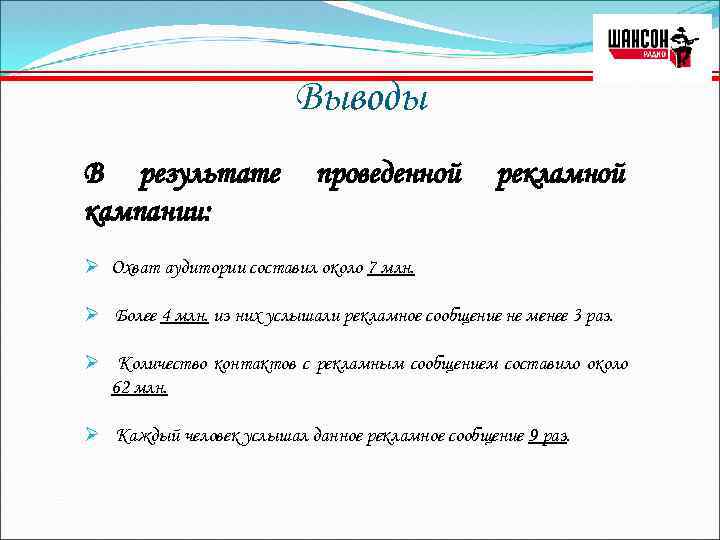 Выводы В результате кампании: проведенной рекламной Ø Охват аудитории составил около 7 млн. Ø