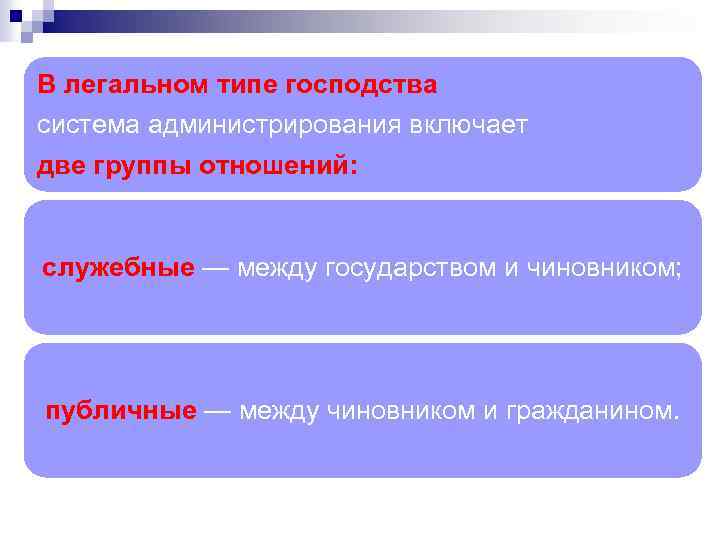 В легальном типе господства система администрирования включает две группы отношений: служебные — между государством