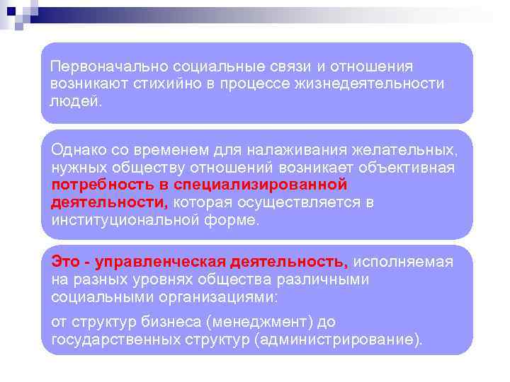 Первоначально социальные связи и отношения возникают стихийно в процессе жизнедеятельности людей. Однако со временем