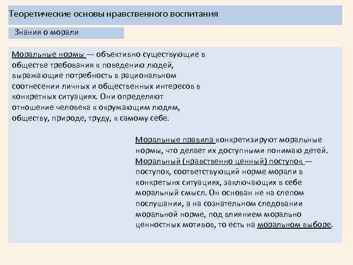 Теоретические основы нравственного воспитания Знания о морали Моральные нормы — объективно существующие в обществе