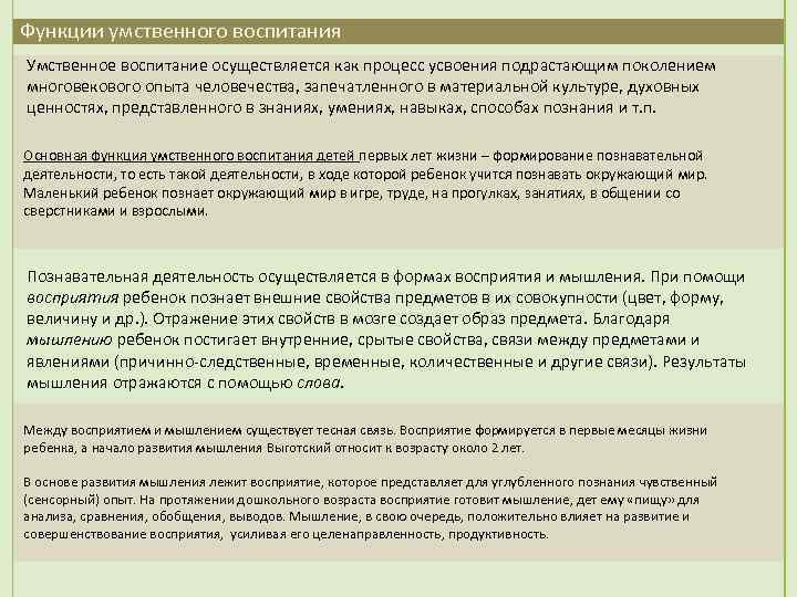 Функции умственного воспитания Умственное воспитание осуществляется как процесс усвоения подрастающим поколением многовекового опыта человечества,