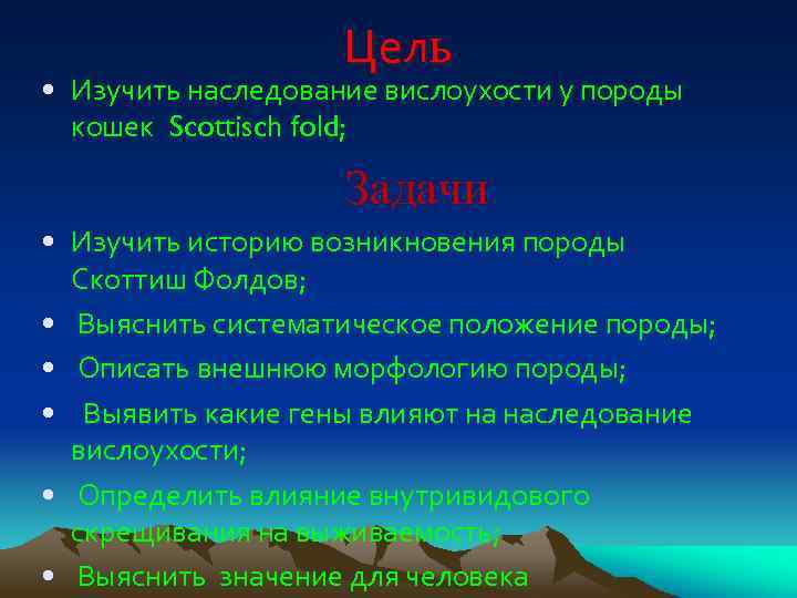 Цель • Изучить наследование вислоухости у породы кошек Scottisch fold; Задачи • Изучить историю