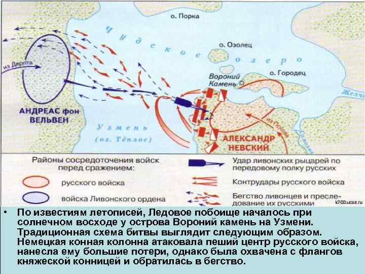  • По известиям летописей, Ледовое побоище началось при солнечном восходе у острова Вороний