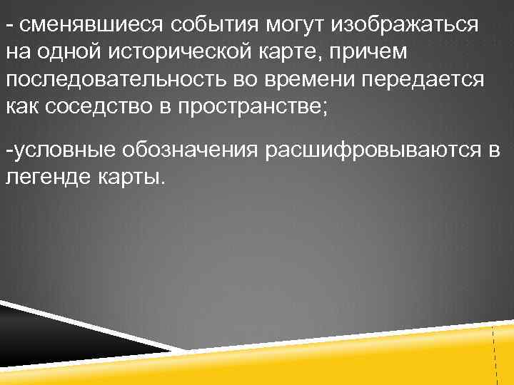 - сменявшиеся события могут изображаться на одной исторической карте, причем последовательность во времени передается