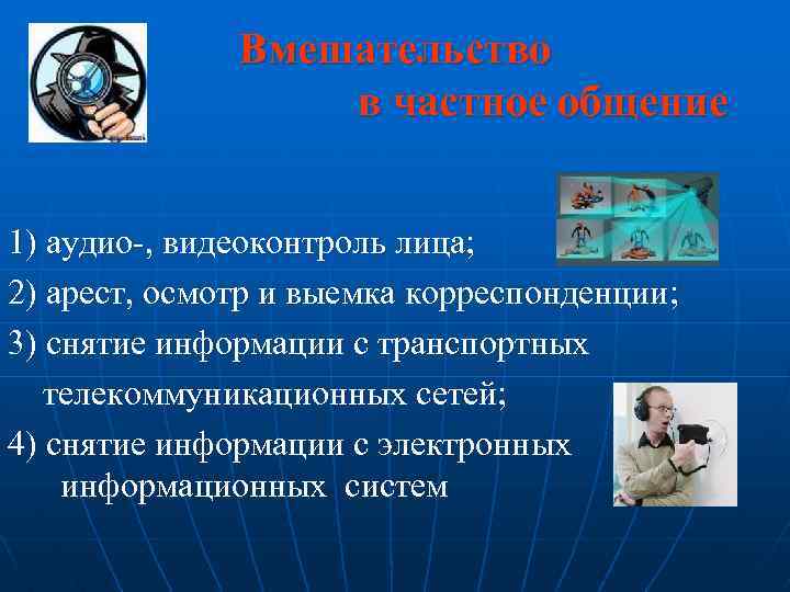 Вмешательство в частное общение 1) аудио-, видеоконтроль лица; 2) арест, осмотр и выемка корреспонденции;