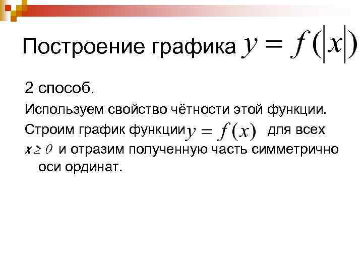 Построение графика 2 способ. Используем свойство чётности этой функции. Строим график функции для всех