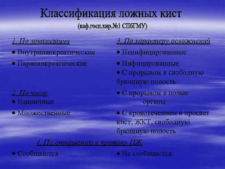 1. По локализации Внутрипанкреатические Парапанкреатические 3. По характеру осложнений Неинфицированные Инфицированные С прорывом в