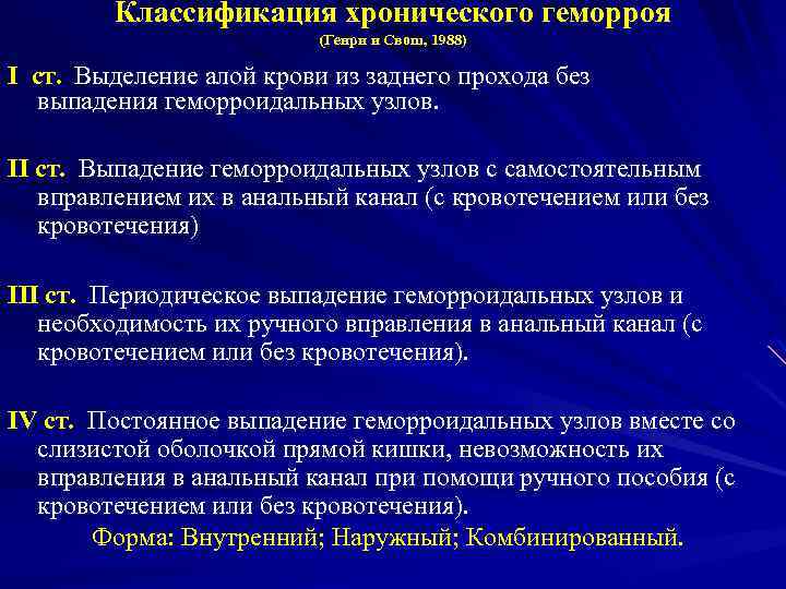 Классификация хронического геморроя (Генри и Свош, 1988) I ст. Выделение алой крови из заднего