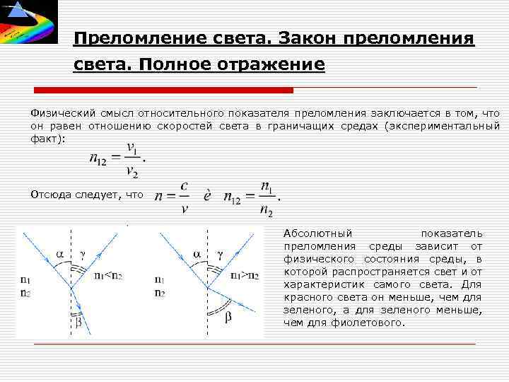 Скорость распространения света законы отражения и преломления света полное отражение презентация