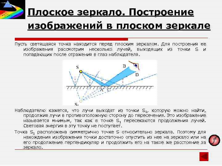 Плоское зеркало. Построение изображений в плоском зеркале Пусть светящаяся точка находится перед плоским зеркалом.