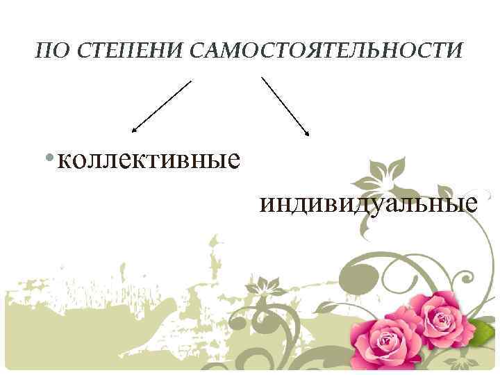 ПО СТЕПЕНИ САМОСТОЯТЕЛЬНОСТИ • коллективные индивидуальные 