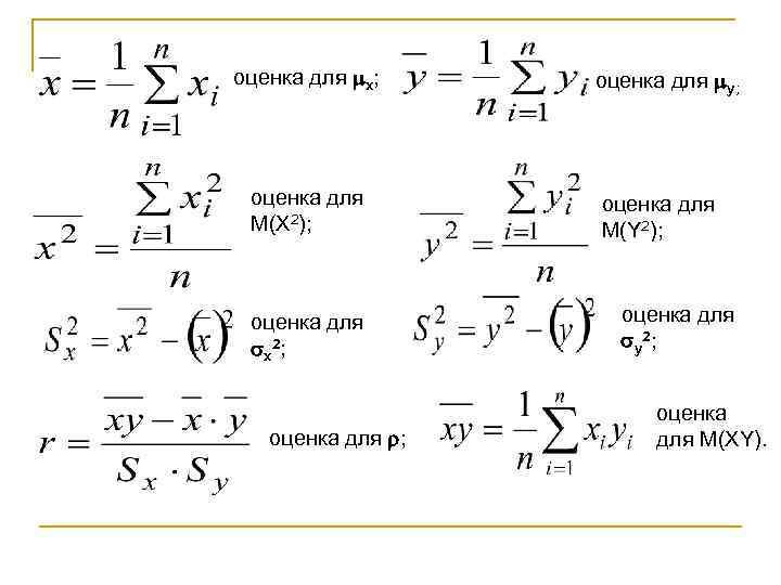 оценка для х; оценка для у; оценка для М(X 2); М(Y 2); оценка для