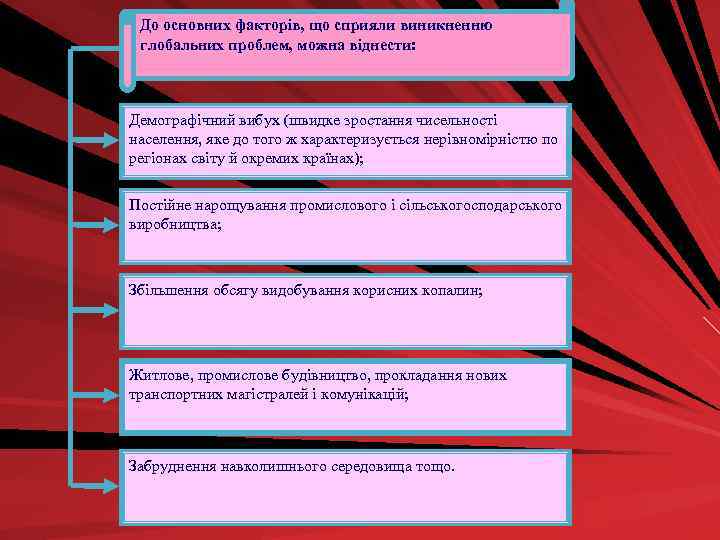 До основних факторів, що сприяли виникненню глобальних проблем, можна віднести: Демографічний вибух (швидке зростання