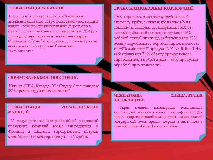 ГЛОБАЛІЗАЦІЯ ФІНАНСІВ. ТРАНСНАЦІОНАЛЬНІ КОРПОРАЦІЇ. Глобалізація фінансової системи охоплює інтернаціоналізацію трьох складових: - внутрішніх валют