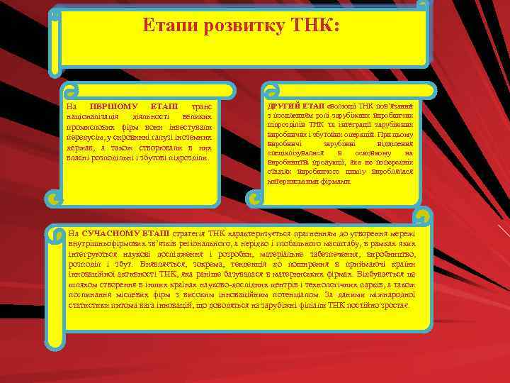 Етапи розвитку ТНК: На ПЕРШОМУ ЕТАПІ транс націоналізація діяльності великих промислових фірм вони інвестували