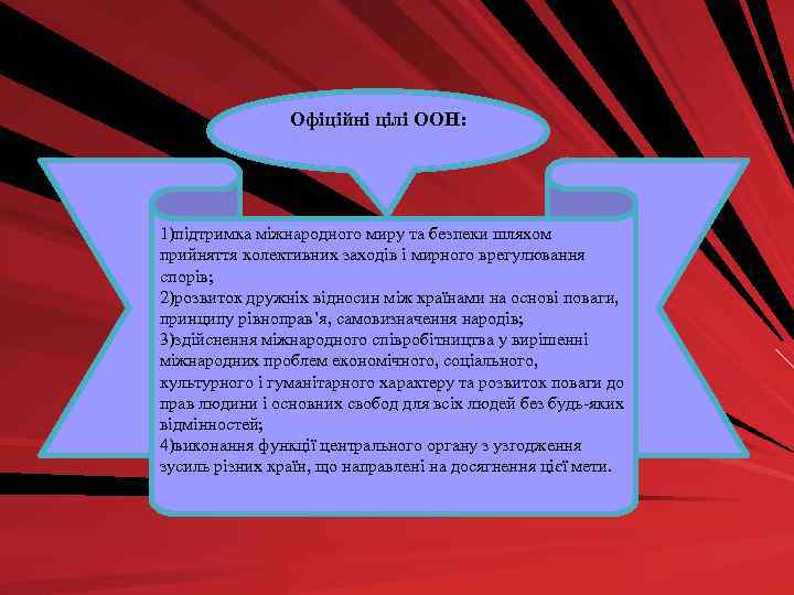 Офіційні цілі ООН: 1)підтримка міжнародного миру та безпеки шляхом прийняття колективних заходів і мирного