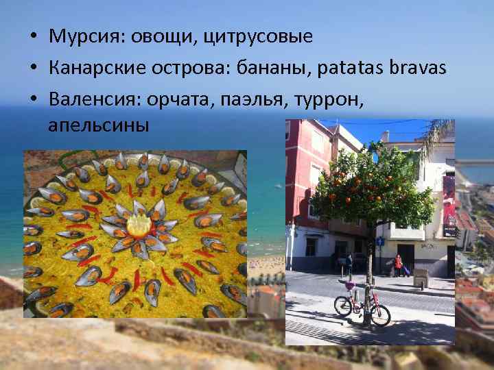 • Мурсия: овощи, цитрусовые • Канарские острова: бананы, patatas bravas • Валенсия: орчата,