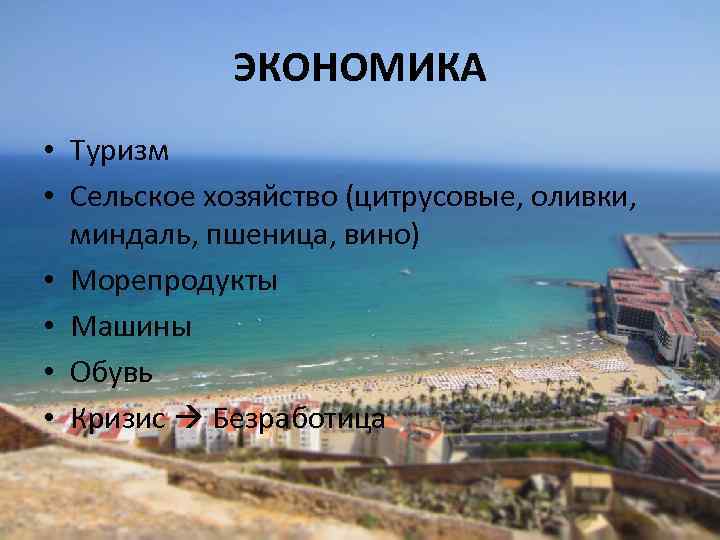 ЭКОНОМИКА • Туризм • Сельское хозяйство (цитрусовые, оливки, миндаль, пшеница, вино) • Морепродукты •