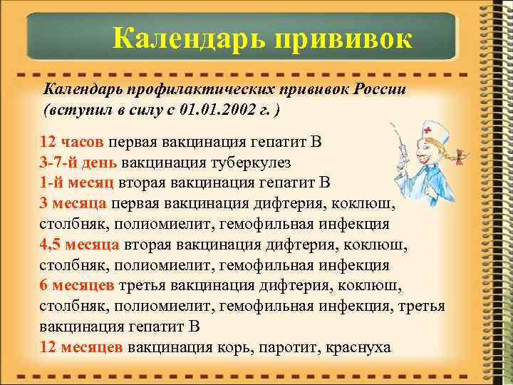 Календарь прививок Календарь профилактических прививок России (вступил в силу с 01. 2002 г. )