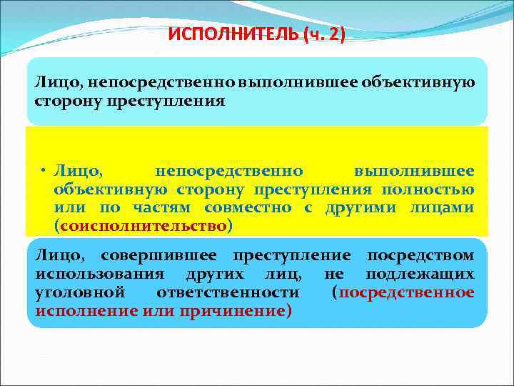 Лицо непосредственно связанное. Лицо выполняющее объективную сторону преступления. Посредственное исполнение преступления это. Посредственное соучастие. Соисполнительство в уголовном праве.