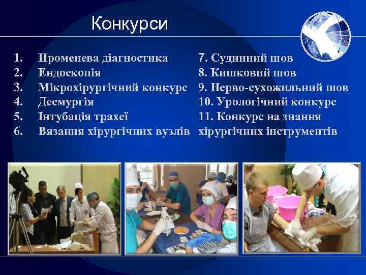 Конкурси 1. 2. 3. 4. 5. 6. Променева діагностика Ендоскопія Мікрохірургічний конкурс Десмургія Інтубація