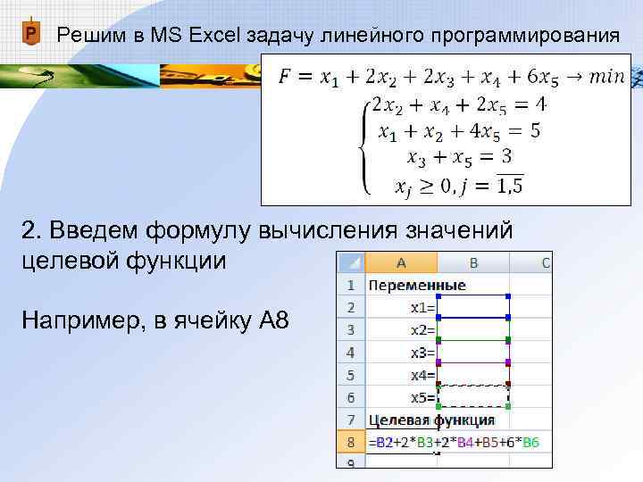 Решим в MS Excel задачу линейного программирования 2. Введем формулу вычисления значений целевой Решим в MS Excel задачу линейного программирования 2. Введем формулу вычисления значений целевой