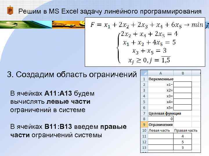 Решим в MS Excel задачу линейного программирования 3. Создадим область ограничений В ячейках Решим в MS Excel задачу линейного программирования 3. Создадим область ограничений В ячейках