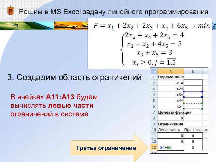 Решим в MS Excel задачу линейного программирования 3. Создадим область ограничений В ячейках Решим в MS Excel задачу линейного программирования 3. Создадим область ограничений В ячейках