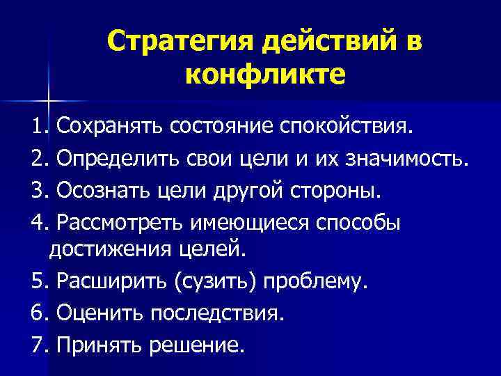 Стратегия действий в конфликте 1. Сохранять состояние спокойствия. 2. Определить свои цели и их