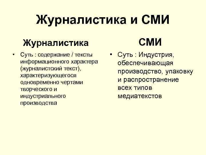 Журналистика и СМИ Журналистика • Суть : содержание / тексты информационного характера (журналистский текст),
