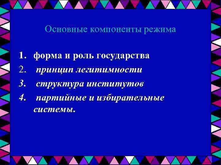 Основные компоненты режима 1. 2. 3. 4. форма и роль государства принцип легитимности структура